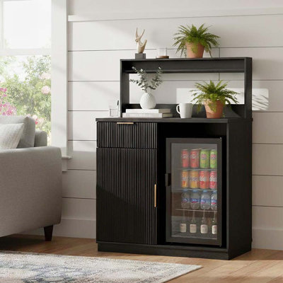 Coffee Bar Cabinet With Hutch And Mini Fridge Space, Mini Fridge Stand With Power Outlet, Modern Fluted Buffet Sideboard With Storage For Kitchen Dining Room, Black