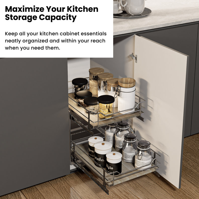 Satin Nickel and Light Brown 2-Tier Pull Out Cabinet Organizer