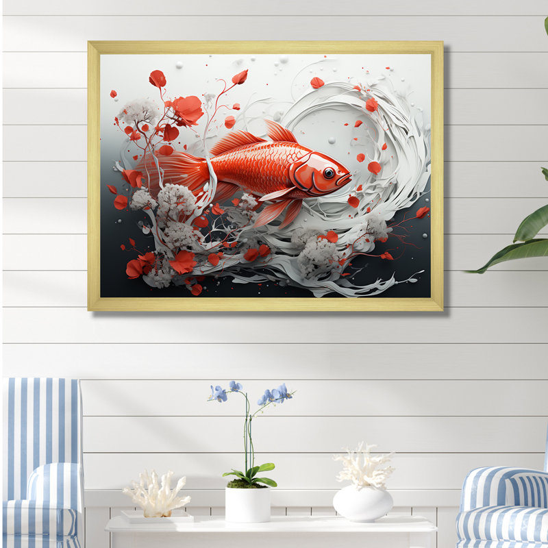 «Kois» rouge et gris nageant avec sérénité I sur toile, Cadre doré simple, H 16 po x l 32 po x P 1 po