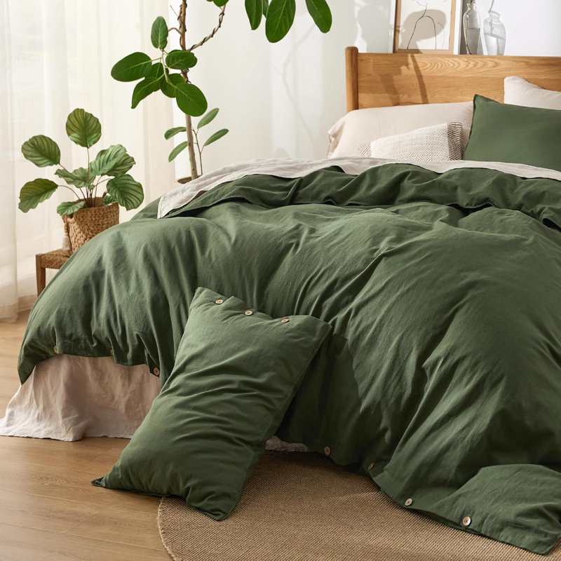 Bedsure Linen Cotton Blend Duvet Cover, PureWoven Cooling & Breathable Bedding Set for Hot Sleepers (Set of 3), Olive Green