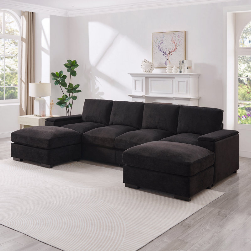 Sectional Sofa Deep Seat Sofa Couch With Ottomans, Corduroy Sofa Sleeper Comfy Upholstered Furniture, Black Polyester