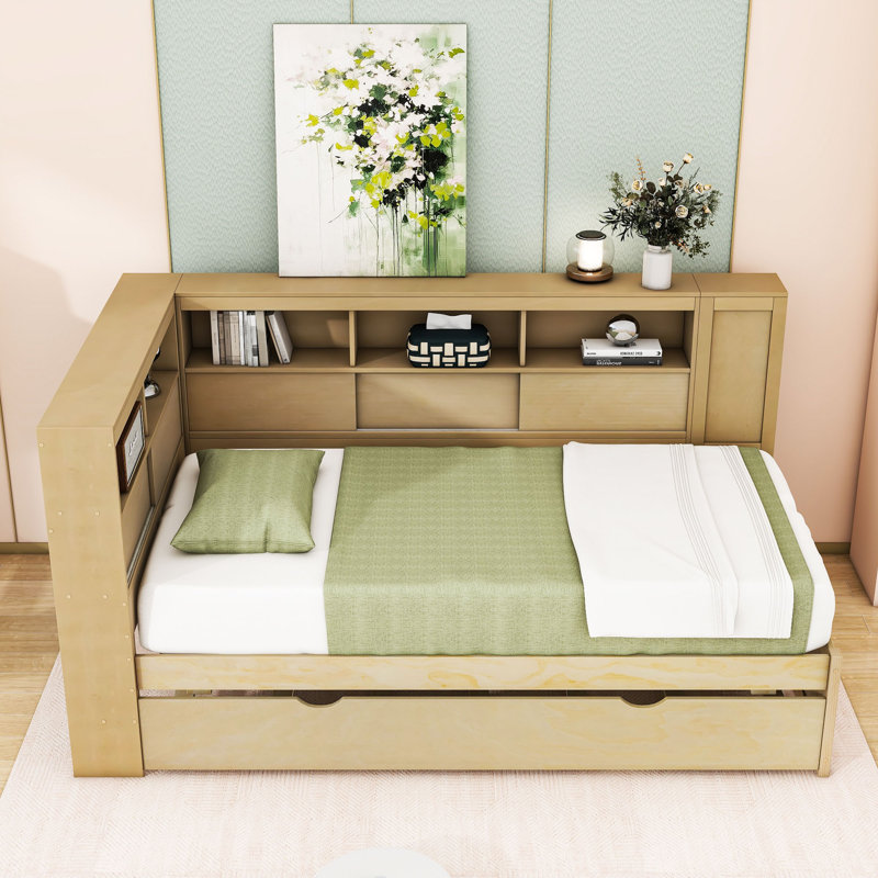 Lit de jour simple en bois avec couchette simple, tablettes de rangement et chargement USB, Naturel