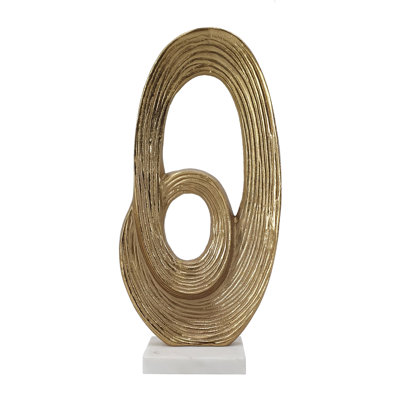 4" Abstract Gold Swirling Sculpture On White Marble Base