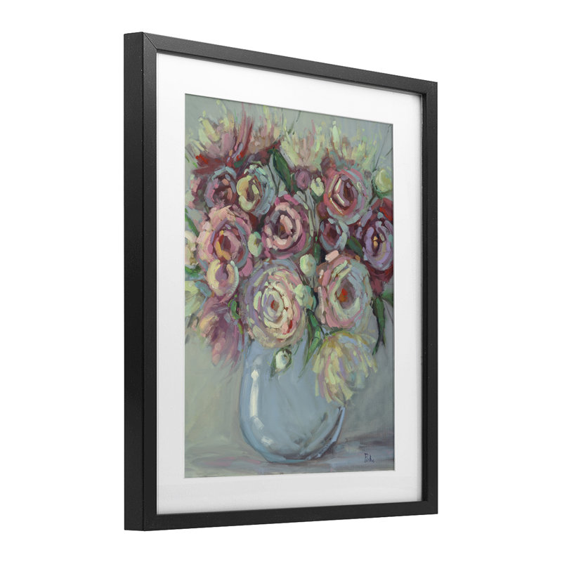 «Peony Blue Vase Bouquet», reproduction de verre encadrée, design par Vanessa Piche, Cadre noir minuit, H 16 po x l 13 po
