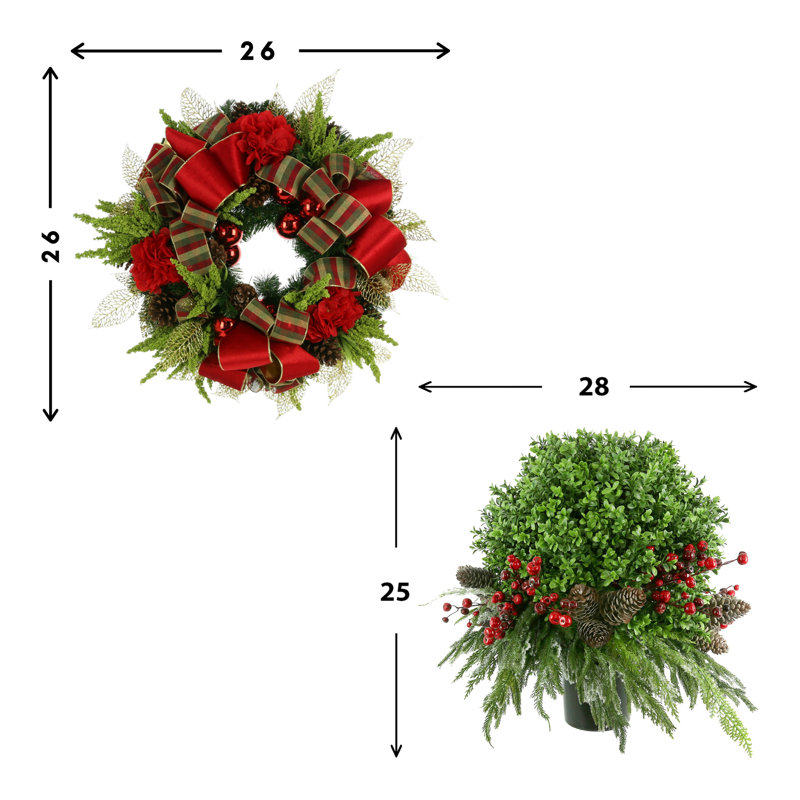 26" Holiday Wreath with Two UV Rated Boxwood Topiary Drop-Ins