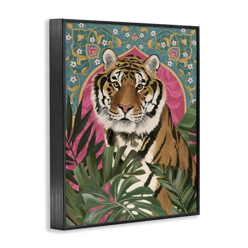 Tigre et plantes Arabesque, estampe numérique par Cat Thurman Designs, H 14 po x l 11 po, Giclée encadrée noir minuit