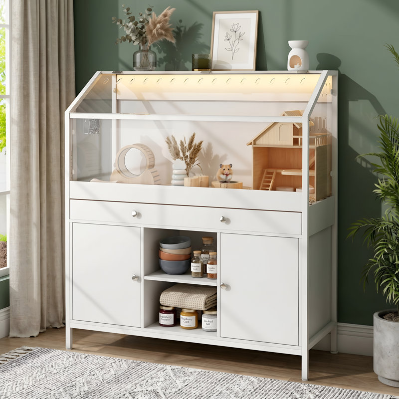 Cage pour petits animaux 43,3 "avec armoire de rangement, lumières DEL et ventilateur, panneau en acrylique pour hamster, cochon d'Inde, hérisson, rat