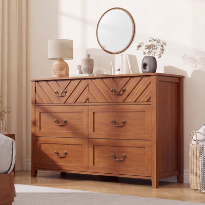 6 Drawer Dresser for Bedroom, 47.2" Wide Brown Wooden Chest of Drawers with 3D v-Shape Front, Modern Storage Organizer Cabinet for Living Room, Nursery, Entryway, Brown