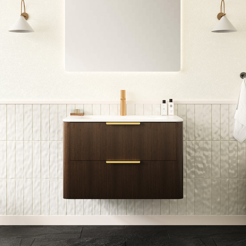 Lavabo à pression en pierre frittée blanche avec meuble-lavabo flottant de 30 po, armoire en contreplaqué avec tiroirs, contreplaqué multicouche, système de tiroirs à fermeture douce