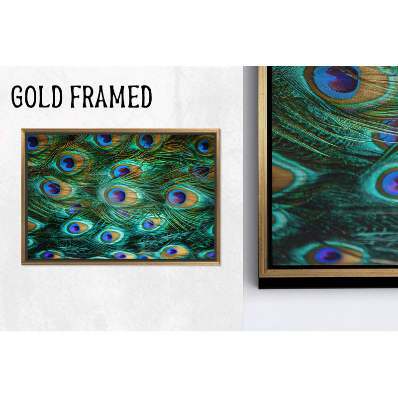 Reproduction d'art sur toile imprimée: Plumes de paon élégantes dans des teintes vibrantes, toiles à cadre doré 1P