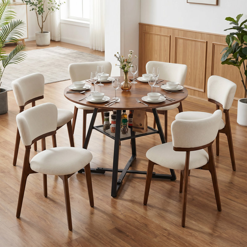 Table de salle à manger industrielle ronde brun rouille de 42 po et chaise de salle à manger rembourrée en bois massif 6 pièces beige, table de cuisine fixe avec tablette de rangement en filet et pieds croisés pour les repas en famille