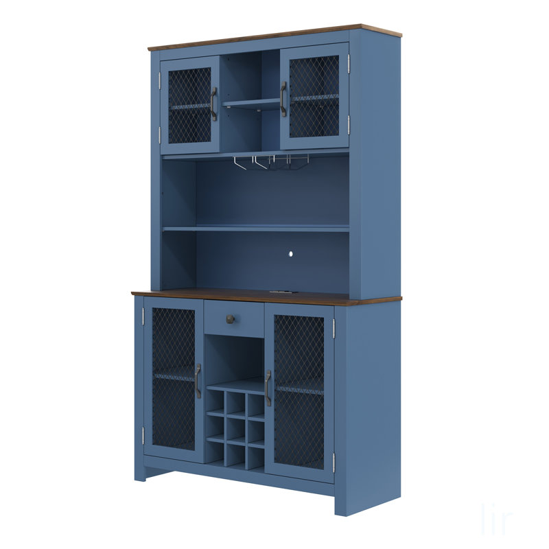Armoire de rangement pour garde-manger rustique bleu marine avec DEL, prises, support à vin et porte-verres pour salle à manger