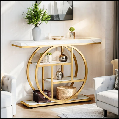 Console industrielle de 41,3 po, canapé d'entrée à 4 niveaux avec base circulaire, table d'appoint moderne étroite avec rangement pour le salon, le couloir et le vestibule