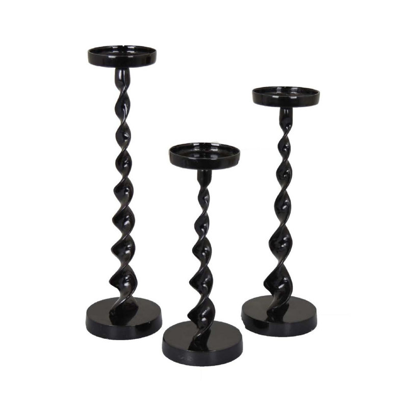 Siana Accent Candle Holder Set Of 3, Metal, Twisted Stem, Black