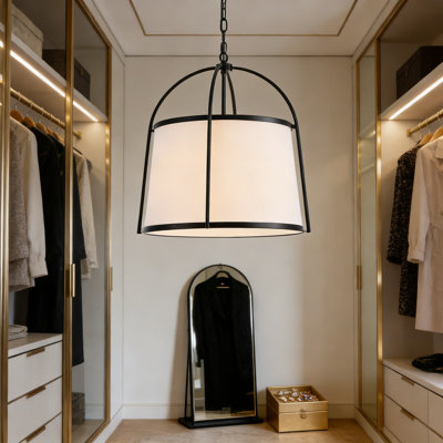 5-Light Farmhouse Chandelier With Fabric Drum Shade, Adjustable Height Dimmable Pendant Light Fixture For Dining Room, Kitchen Island, Entryway And Bedroom