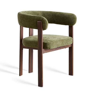 One-piece Chenille Upholstered Dining Chair with Armrests, Mid-Century Modern Kitchen Chair with Metal Frame, Green