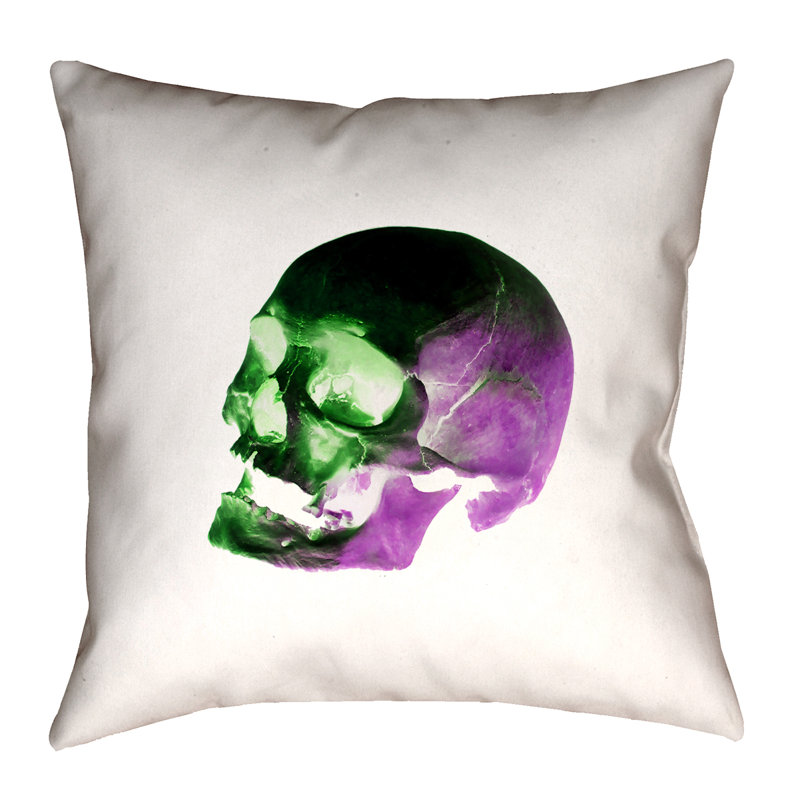 Coussin 100% coton crâne, 16 po x 1 po, Vert / mauve / noir / blanc
