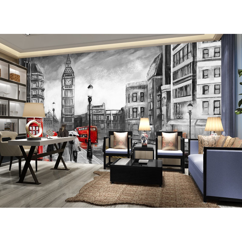 Monochrome Cityscape Charcoal City Landscape Textile Wallpaper, 106”L x 187”W
