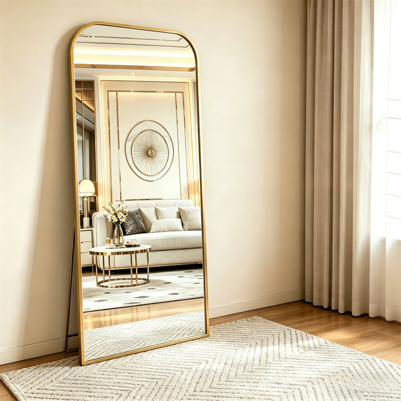 Full Body Mirror, Curved Floor Standing Large Mirror With Bracket - Equipped With Aluminum Frame Suitable For Bedrooms And Living Rooms,