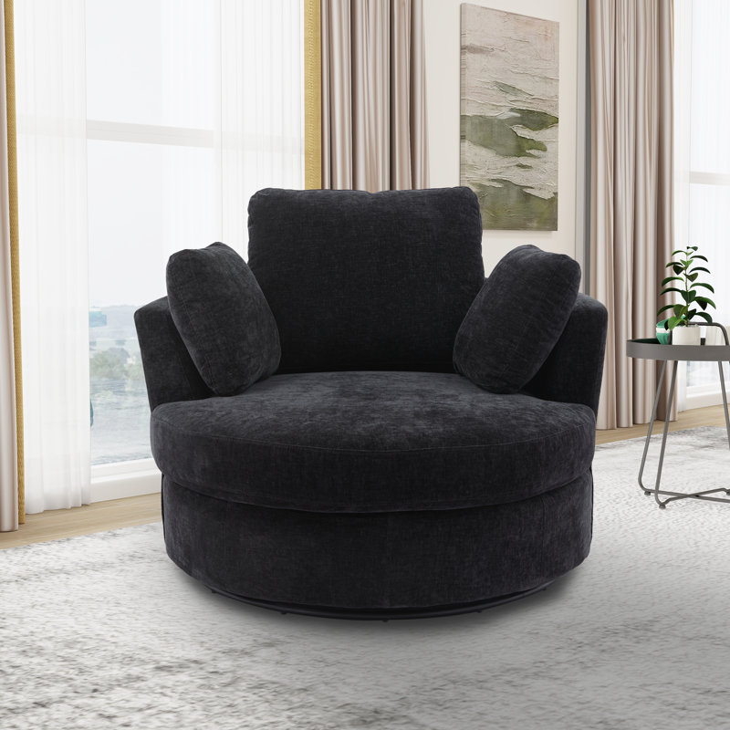 Chemaia Black Polyester Swivel Barrel Chair with Recessed Arms