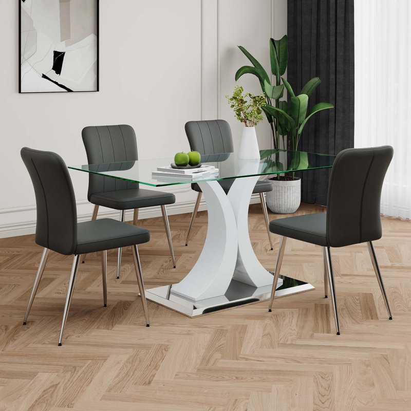Table en verre de style moderne, ensemble de chaises de salle à manger, pieds de chaise galvanisés, convient aux cuisines de restaurant (ensemble de 5)