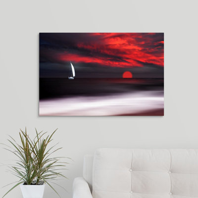 « blanc voilier et rouge coucher de soleil », impression sur toile