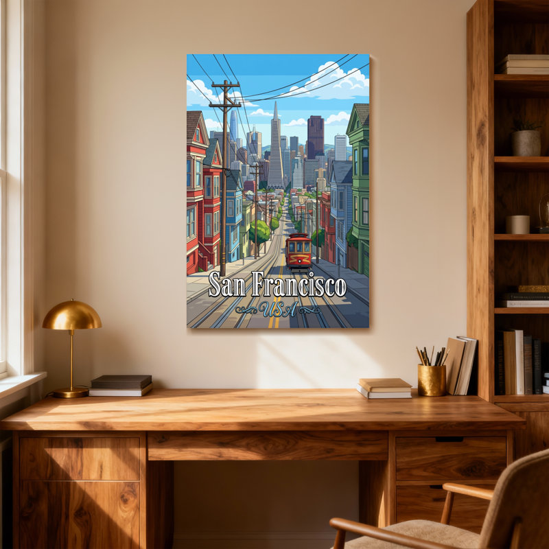 Scénario et paysages urbains San Francisco avec télécabine et ligne d'horizon, H 24 po x l 16 po
