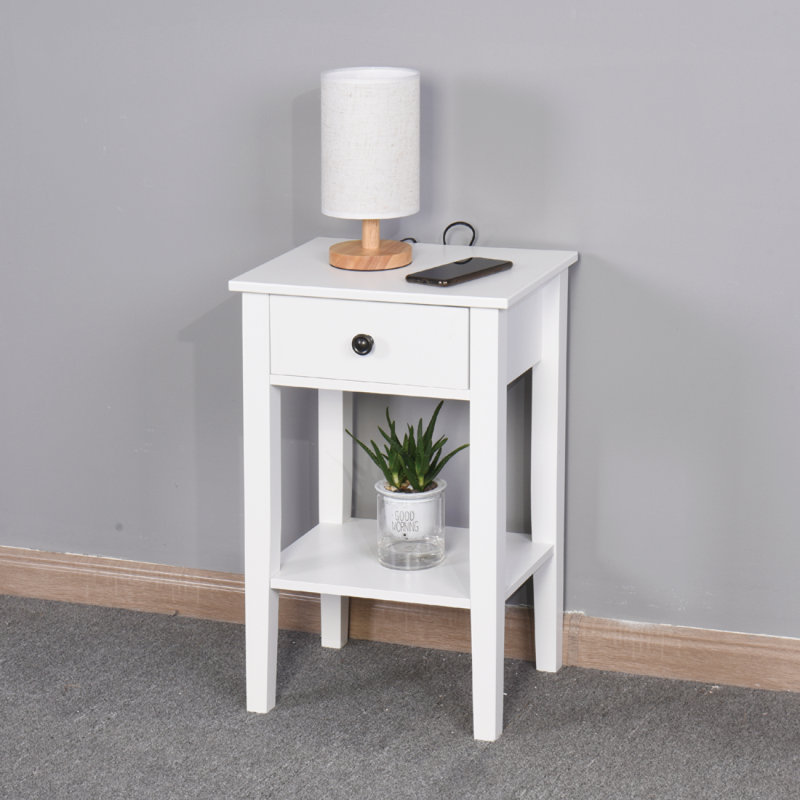 Table de rangement blanche sur pied avec table de chevet et table de chevet blanche