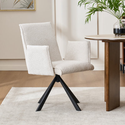 Swivel Boucle Upholstered Dining Chairs Modern barrel chair with Arm and Metal Legs
