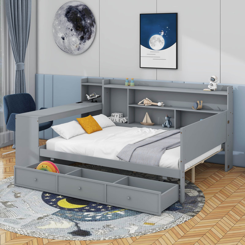 Lit de jour en bois avec tiroirs, ports USB et bureau, Lit double, Gris