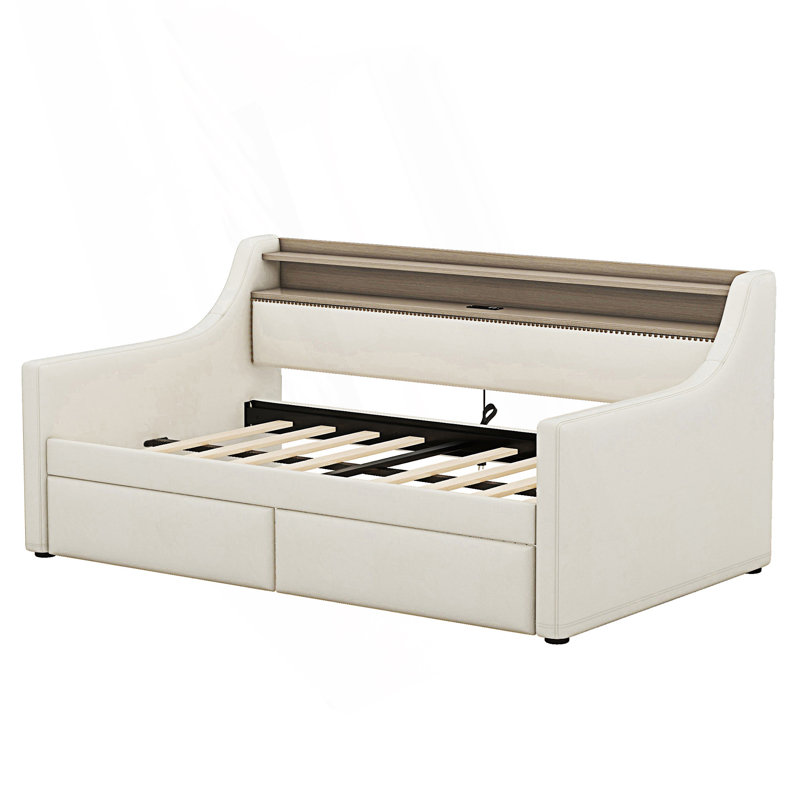 Twin Size Daybed With Storage Drawers, Upholstered Daybed With Charging Station And Led Lights, Day Bed, Beige