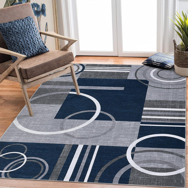 Geometric Machine Printed Area Rug, Blue, Rectangle 80 x 150 cm