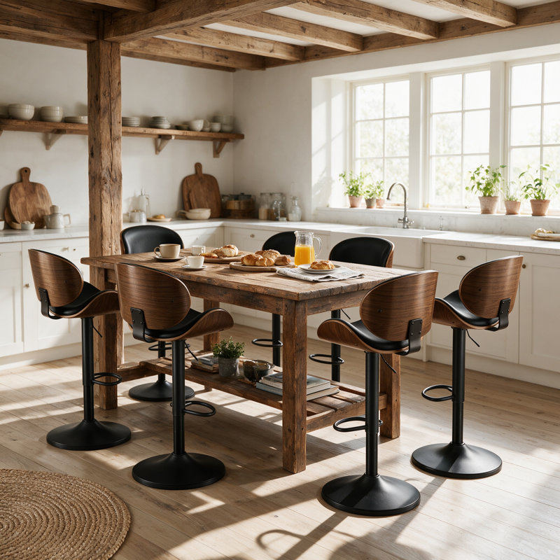 Modern Faux Leather Swivel Adjustable Height Bentwood Bar Stool, Black