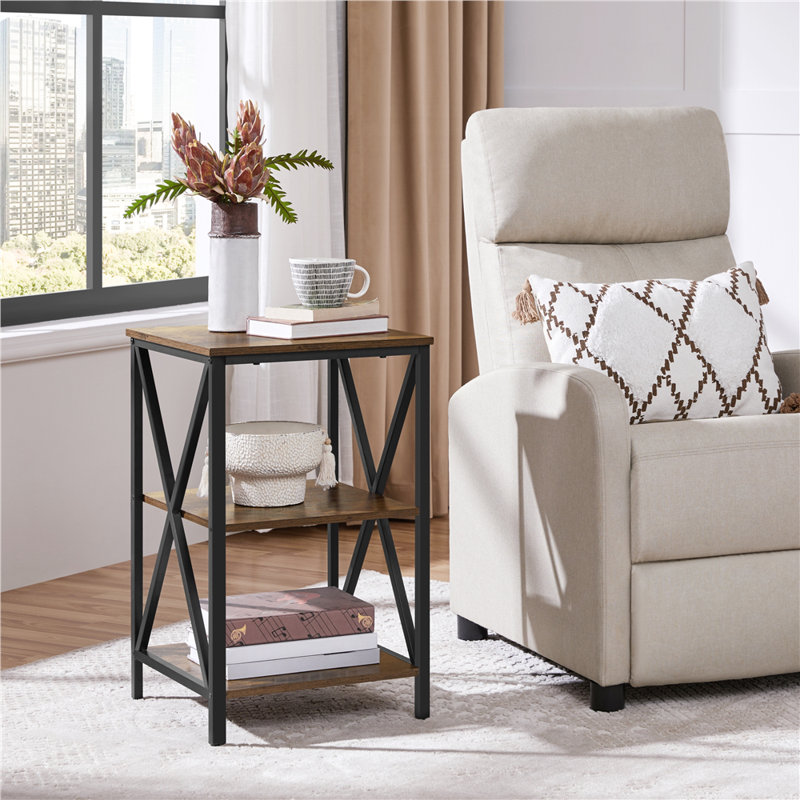 Metal Frame End Table with Shelves, Rustic Brown