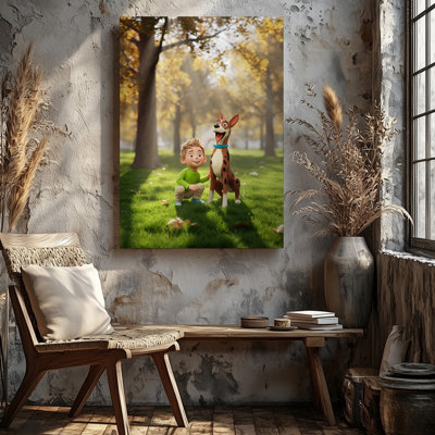Toile dans un parc ensoleillé, jeune enfant joyeux avec art mural ébouriffé, cheveux blonds vêtus d'une chemise verte à manches longues créant une toile