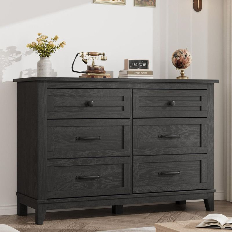 Wide 6-Drawer Storage Dresser, 54-Inch Black Freestanding Wooden Chest, Large Capacity Closet Organizer for Living Room, Bedroom or Entryway