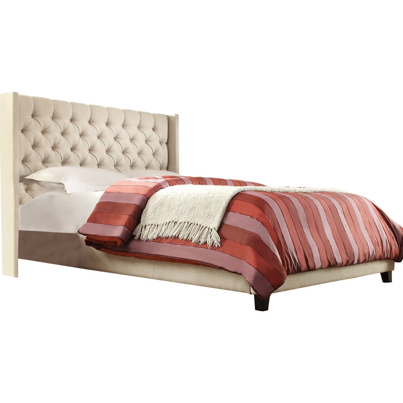 Upholstered Wingback Bed, Queen, Heathered Beige Linen