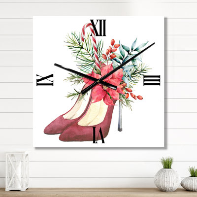 Red Suede Heeled Shoes with Christmas Floral Decor - Traditional Wall Clock