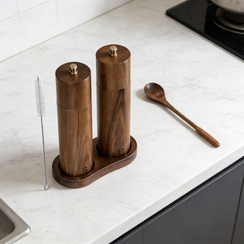 Ensemble de moulins à sel et à poivre en bois d'acacia, moulins manuels de 8 pouces à grosseur réglable, noyau en céramique rechargeable, marquages S / P gravés au laser pour la cuisine