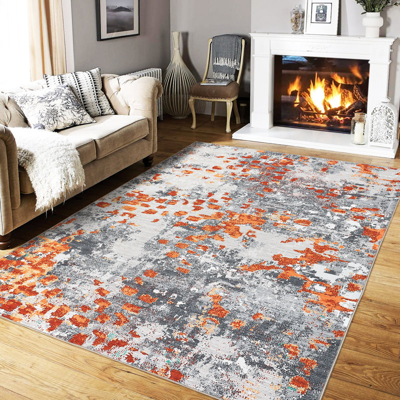 Tapis orange en polyester tissé à la machine Jimel, Rectangle 9' x 12’