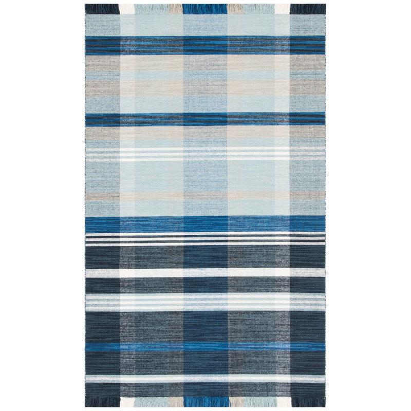 Anjail Flat Weave Wool/Cotton Plaid Rug in Black/Blue, Rectangle 3' x 5'