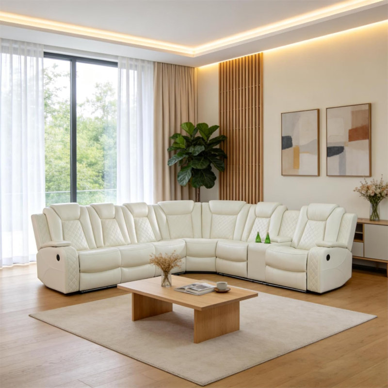 3 - Piece Upholstered Power Reclining Sectional with Wireless Charger, Reading Light, and LED Light, Soft Cream Faux Leather