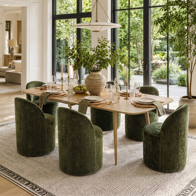 Ensemble de table de salle à manger pour 6 personnes avec table extensible et 6 chaises roulantes revêtues de chenille