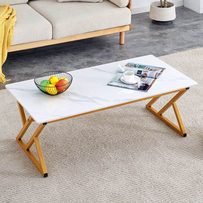 Natural Rock Slab Coffee Table With Golden Metal Legs, White