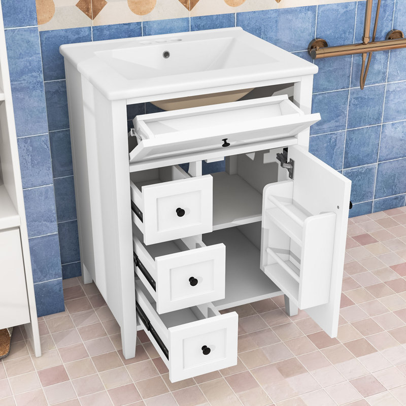 Meuble-lavabo 4 tiroirs avec lavabo en céramique, tablettes réglables et armoire de rangement, Blanc