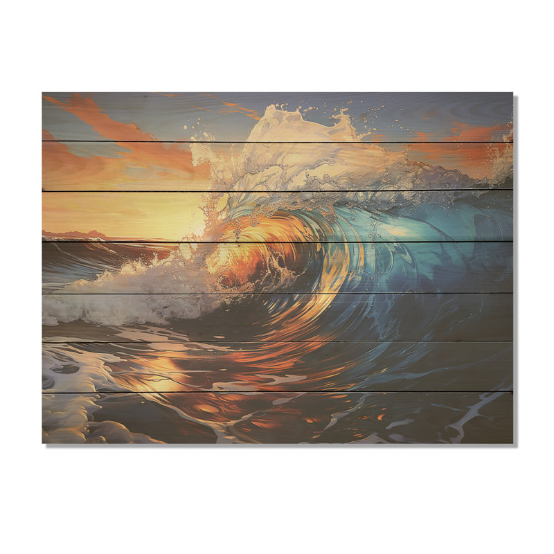 Blue and Orange Sunrise Waves I - Vagues côtières sur bois, H 10 po x l 20 po x P 0,78 po