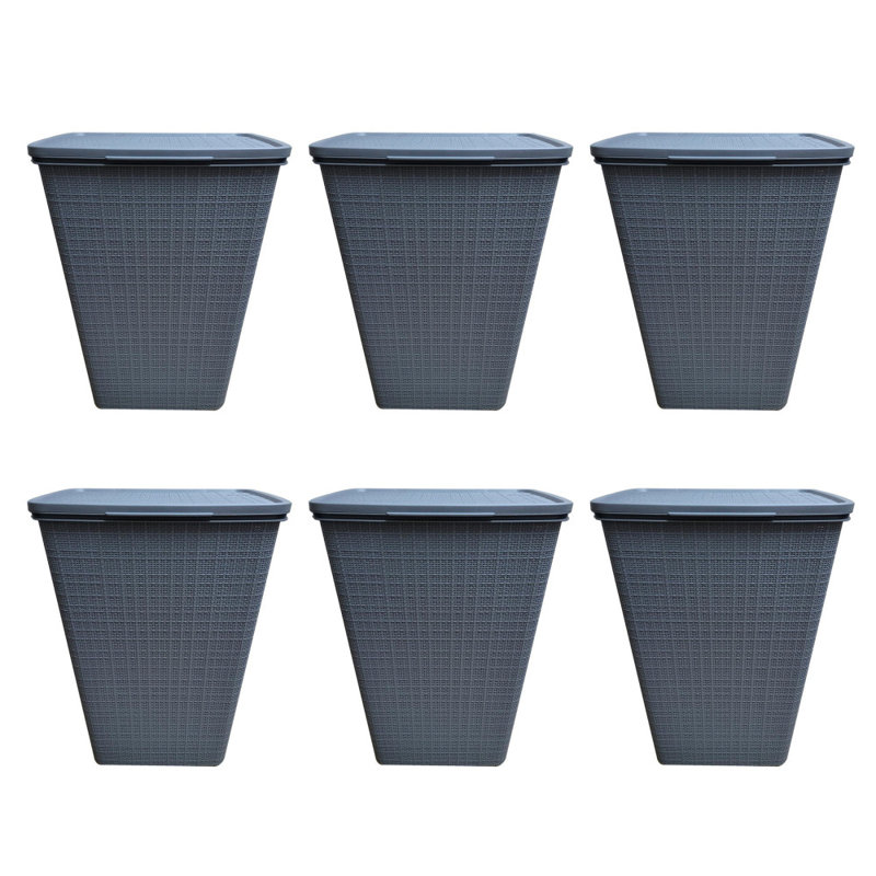 YBM Home Plastic Rattan Laundry Hamper Basket With Hinged Lid, Ventilation Holes, Durable, Lightweight Bin With Cutout Handles, Storage Dirty Clothes, Space Saver, 6-Pack