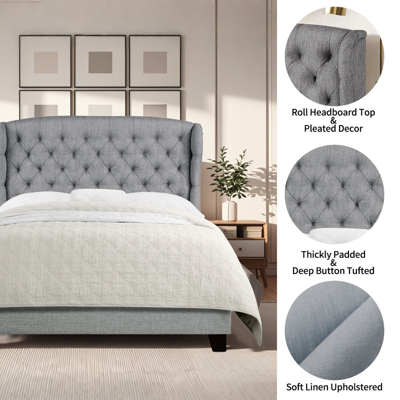 Virginia Upholstered Platform Bed Frame Bed with Button Tufted, Light Gray, Queen