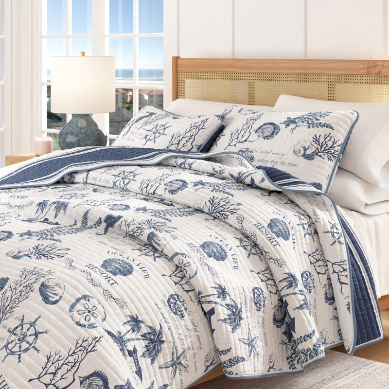Navy Nautical Cotton Quilt Set, Full/Queen Quilt + 2 Shams