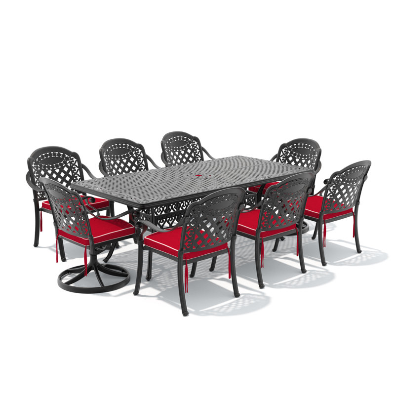 Ensemble de salle à manger d'extérieur rectangulaire 8 personnes (210 cm L) avec trou pour parasol, 2 chaises pivotantes + 6 chaises empilables, coussins rouges